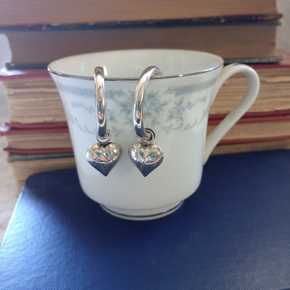 Vintage Sterling Silver Engraved Bubble Heart Earrings